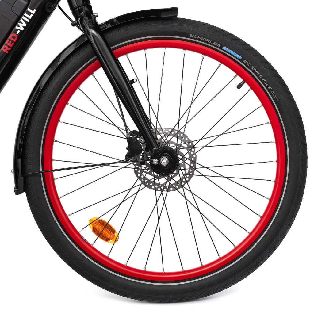 Roue avant vélo électrique connecté roues rouges